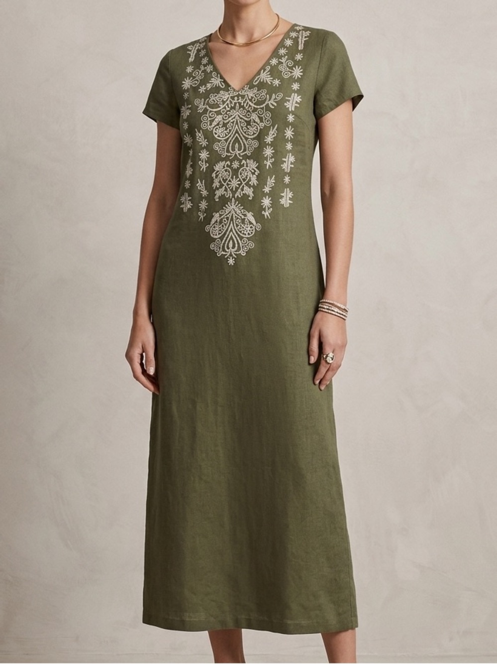 Kyla Seo Olive Green Linen Embroidered V-Neck Maxi Dress Small Boho Handmade
